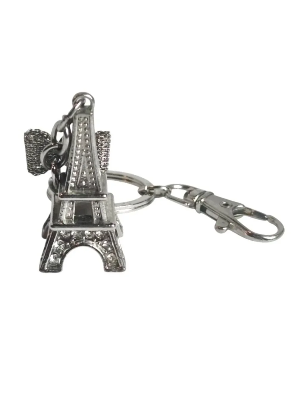 Eiffel Tower Paris Keychain Bow Charm Silver Rhinestone Elegant Parisian Accesso